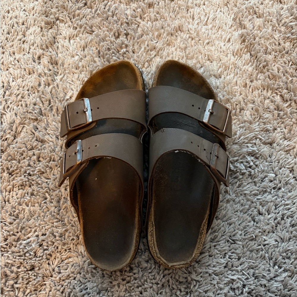 Birkenstock Two-Strap Arizona Slide Mocha brown with Copper Buckles - Picture 2 of 4